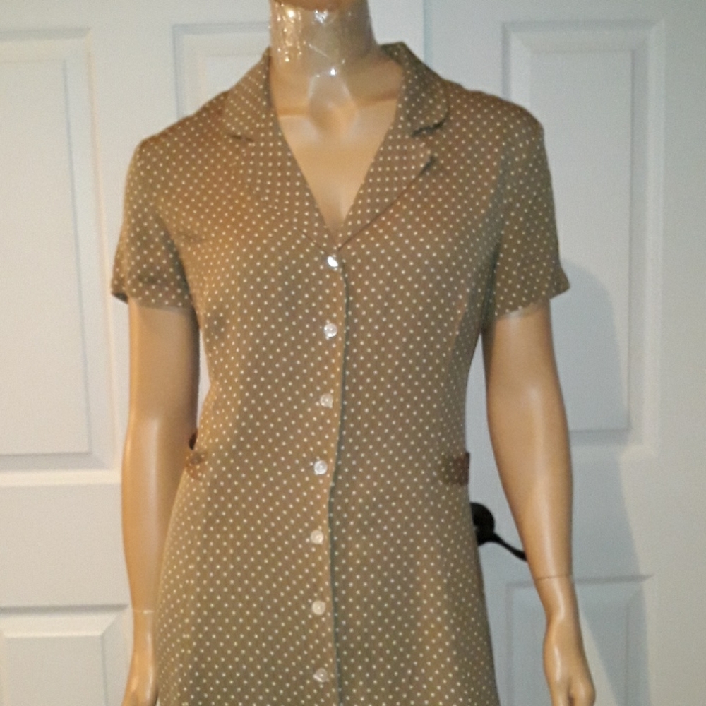 Tan Polka Dot Short Sleeve Button Front Dress 16 - Picture 2 of 6
